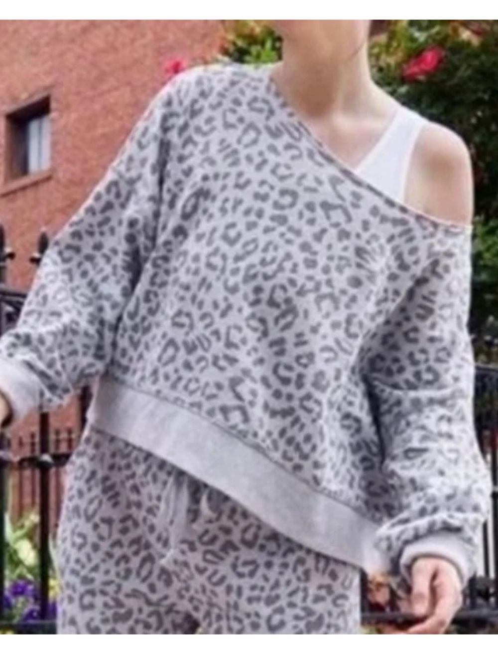 aerie Gray Leopard Print Off-Shoulder Sweater